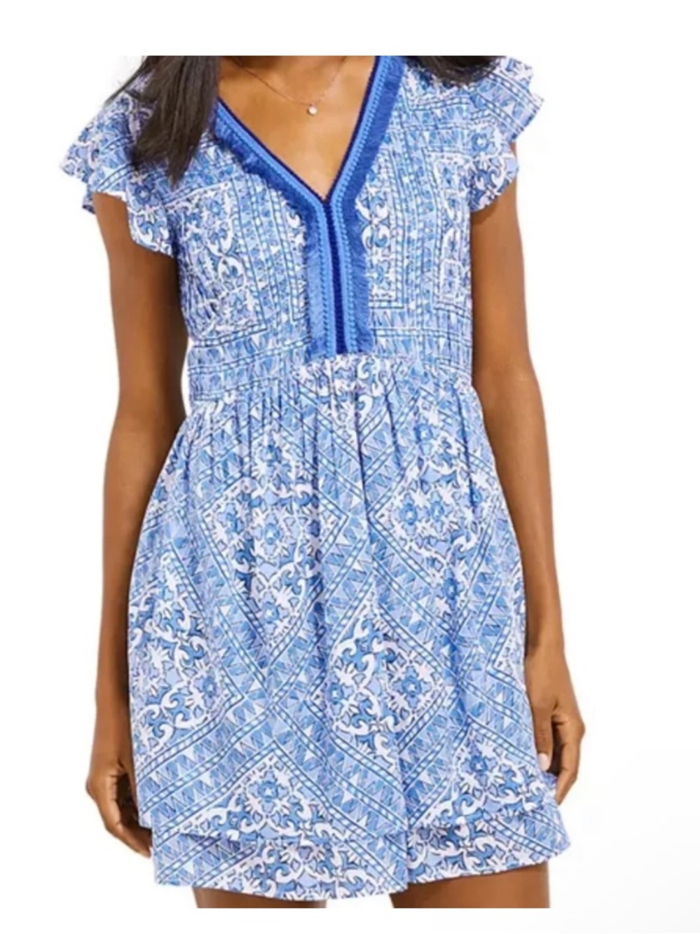 Vineyard Vines Blue & White Printed V-Neck Mini Dress